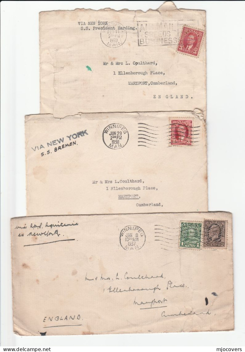 1937 - 1939 Ships RMS  AQUITANIA, SS BREMEN, SS PRESIDENT HARDING Covers CANADA To GB Stamps Ship Cover - Brieven En Documenten