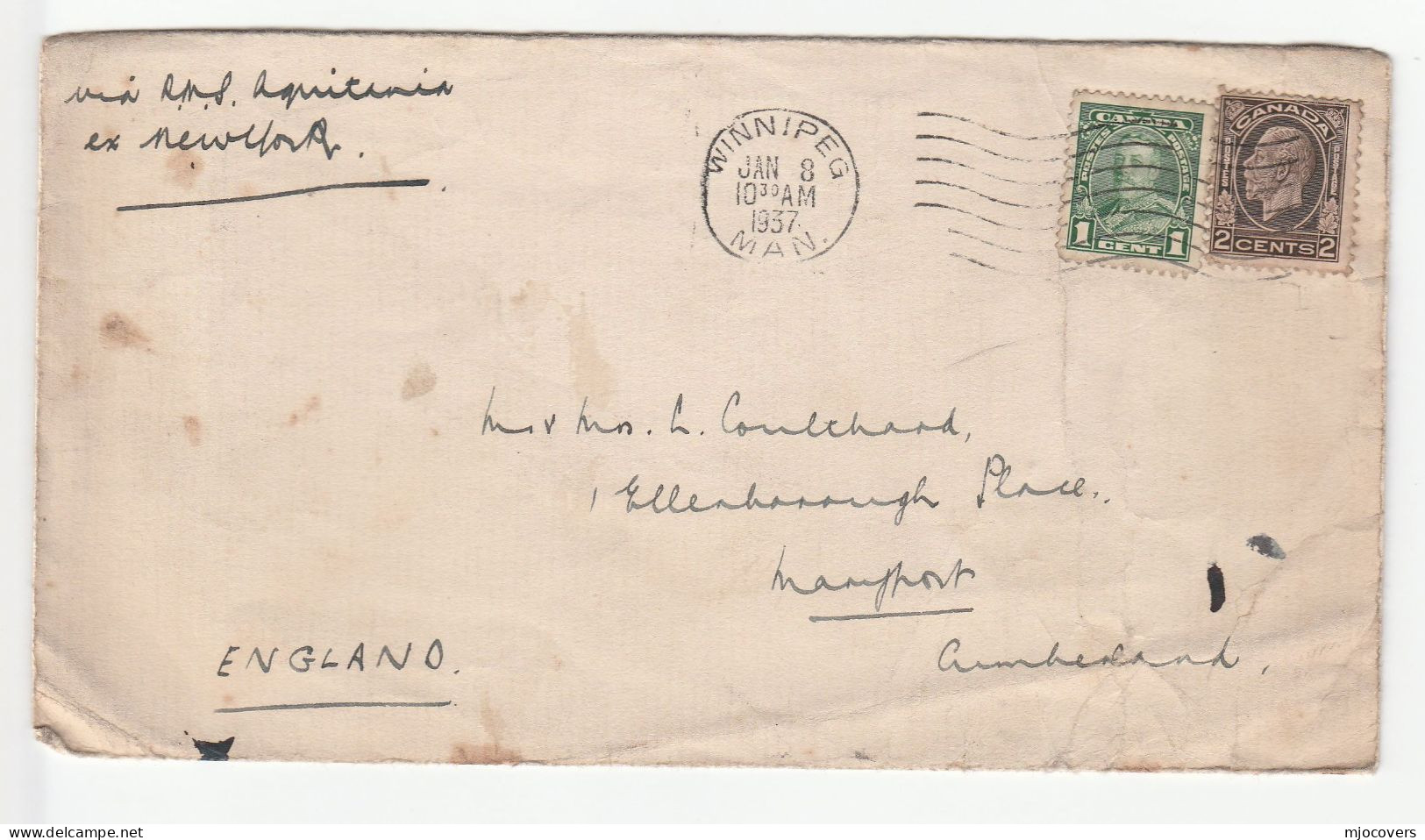 1937 - 1939 Ships RMS  AQUITANIA, SS BREMEN, SS PRESIDENT HARDING Covers CANADA To GB Stamps Ship Cover - Covers & Documents