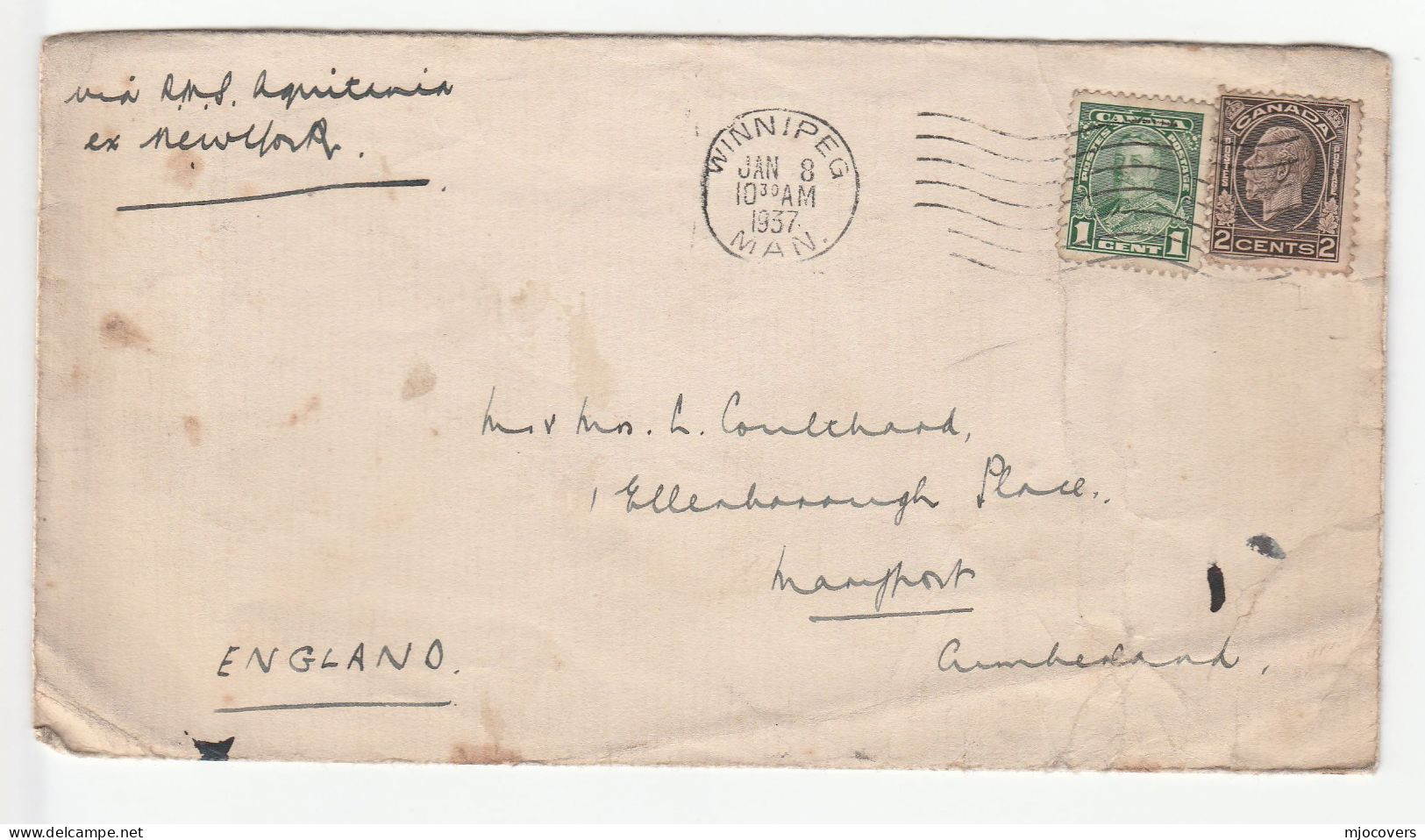 1937 - 1939 Ships RMS  AQUITANIA, SS BREMEN, SS PRESIDENT HARDING Covers CANADA To GB Stamps Ship Cover - Cartas & Documentos