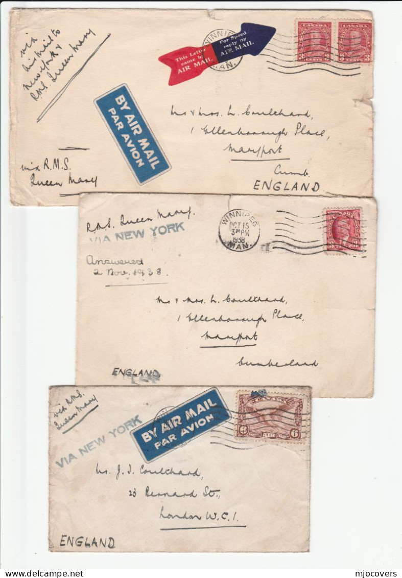 3 X 1930s  Ship RMS  QUEEN MARY  Covers CANADA To GB Stamps Ship  Cover Royalty - Cartas & Documentos