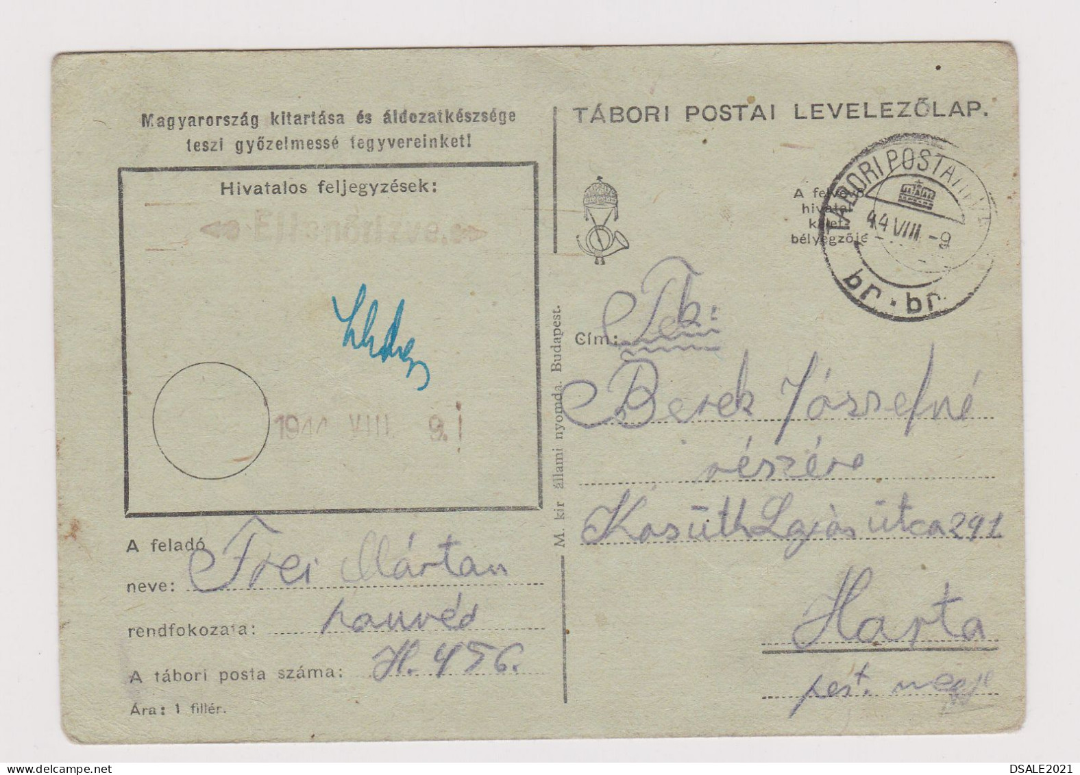 Hungary Ungarn Ww2-1944 Censored Military Field Card, TÁBORI POSTAI LEVELEZŐLAP, TÁBORI POSTAHIVATAL Br.br (624) - Interi Postali