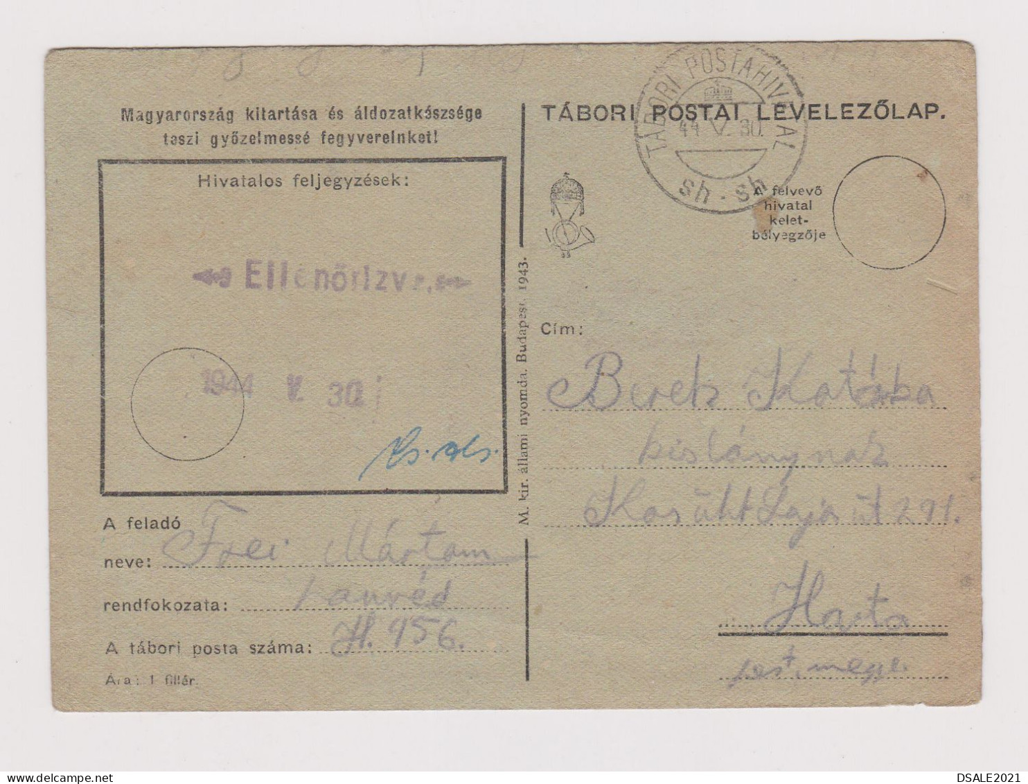 Hungary Ungarn Ww2-1944 Censored Military Field Card, TÁBORI POSTAI LEVELEZŐLAP, TÁBORI POSTAHIVATAL Sh.sh (626) - Entiers Postaux