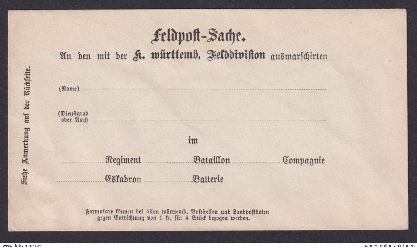 Krieg 1870 1871 Württemberg Feldpostsache Vordruck Umschlag Württembergische - Lettres & Documents