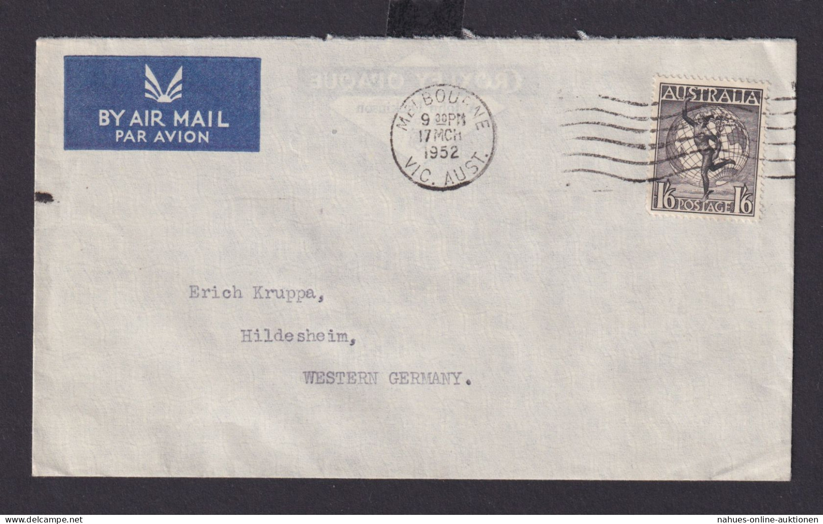 Australien Brief 185 Hermes & Erdball 1,6 Shilling Melbourne Victoria Hildesheim - Colecciones