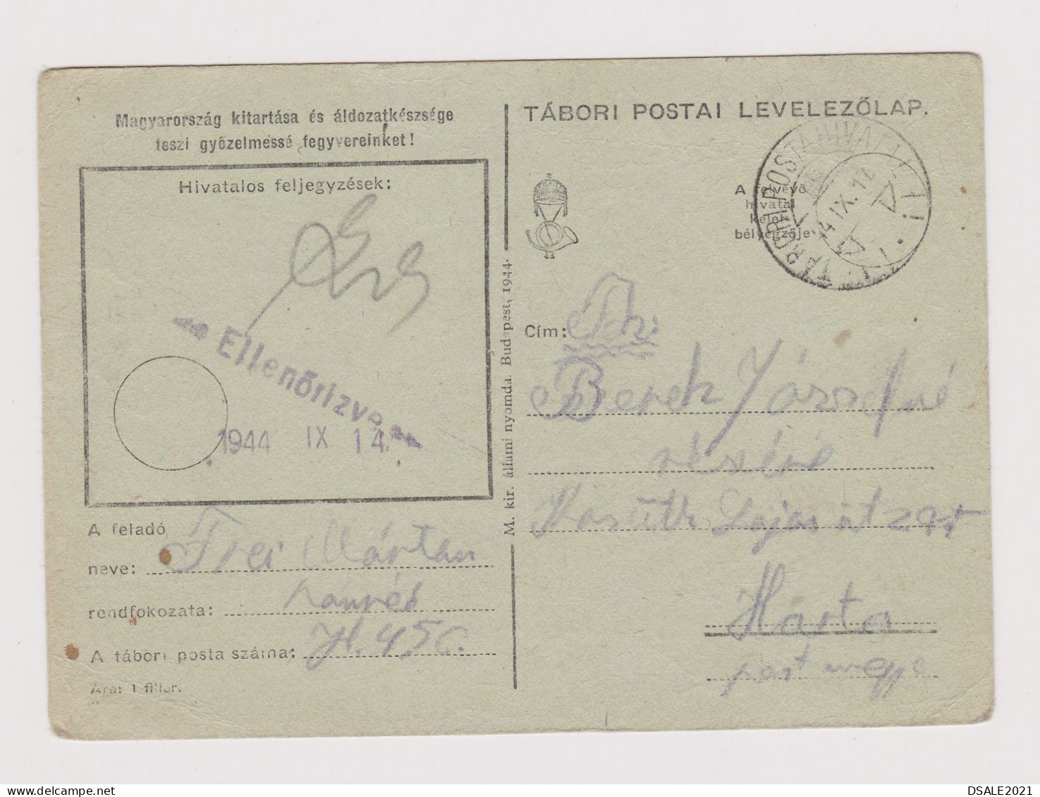 Hungary Ungarn Ww2-1944 Censored Military Field Card, TÁBORI POSTAI LEVELEZŐLAP, TÁBORI POSTAHIVATAL (628) - Postwaardestukken