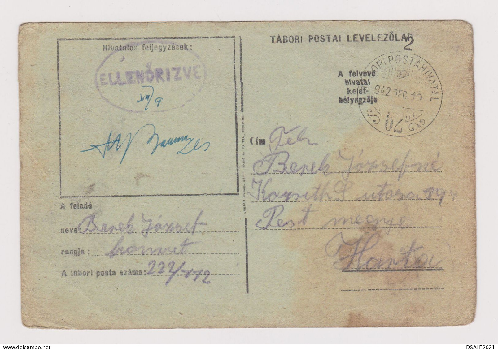 Hungary Ungarn Ww2-1942 Censored Military Field Card, TÁBORI POSTAI LEVELEZŐLAP, TÁBORI POSTAHIVATAL-62 (627) - Entiers Postaux