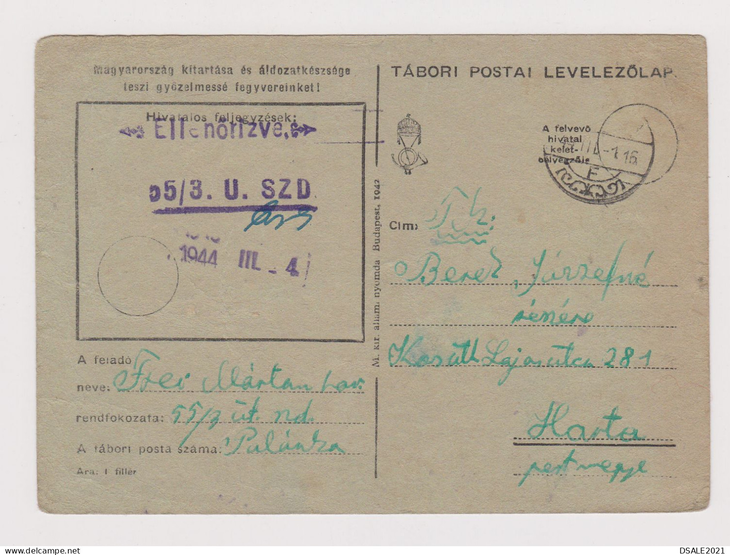 Hungary Ungarn Ww2-1944 Censored Military Field Card, TÁBORI POSTAI LEVELEZŐLAP, TÁBORI POSTAHIVATAL (629) - Entiers Postaux