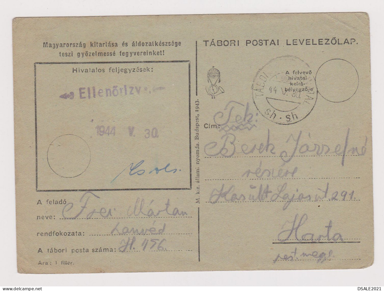 Hungary Ungarn Ww2-1944 Censored Military Field Card, TÁBORI POSTAI LEVELEZŐLAP, TÁBORI POSTAHIVATAL Sh.sh (631) - Postal Stationery