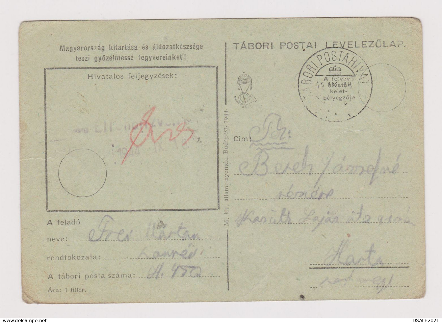 Hungary Ungarn Ww2-1944 Censored Military Field Card, TÁBORI POSTAI LEVELEZŐLAP, TÁBORI POSTAHIVATAL (634) - Ganzsachen