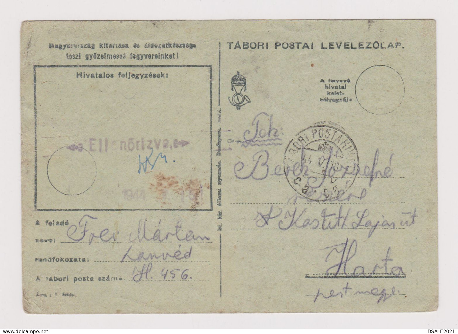 Hungary Ungarn Ww2-1944 Censored Military Field Card, TÁBORI POSTAI LEVELEZŐLAP, TÁBORI POSTAHIVATAL Ca.ca (633) - Interi Postali