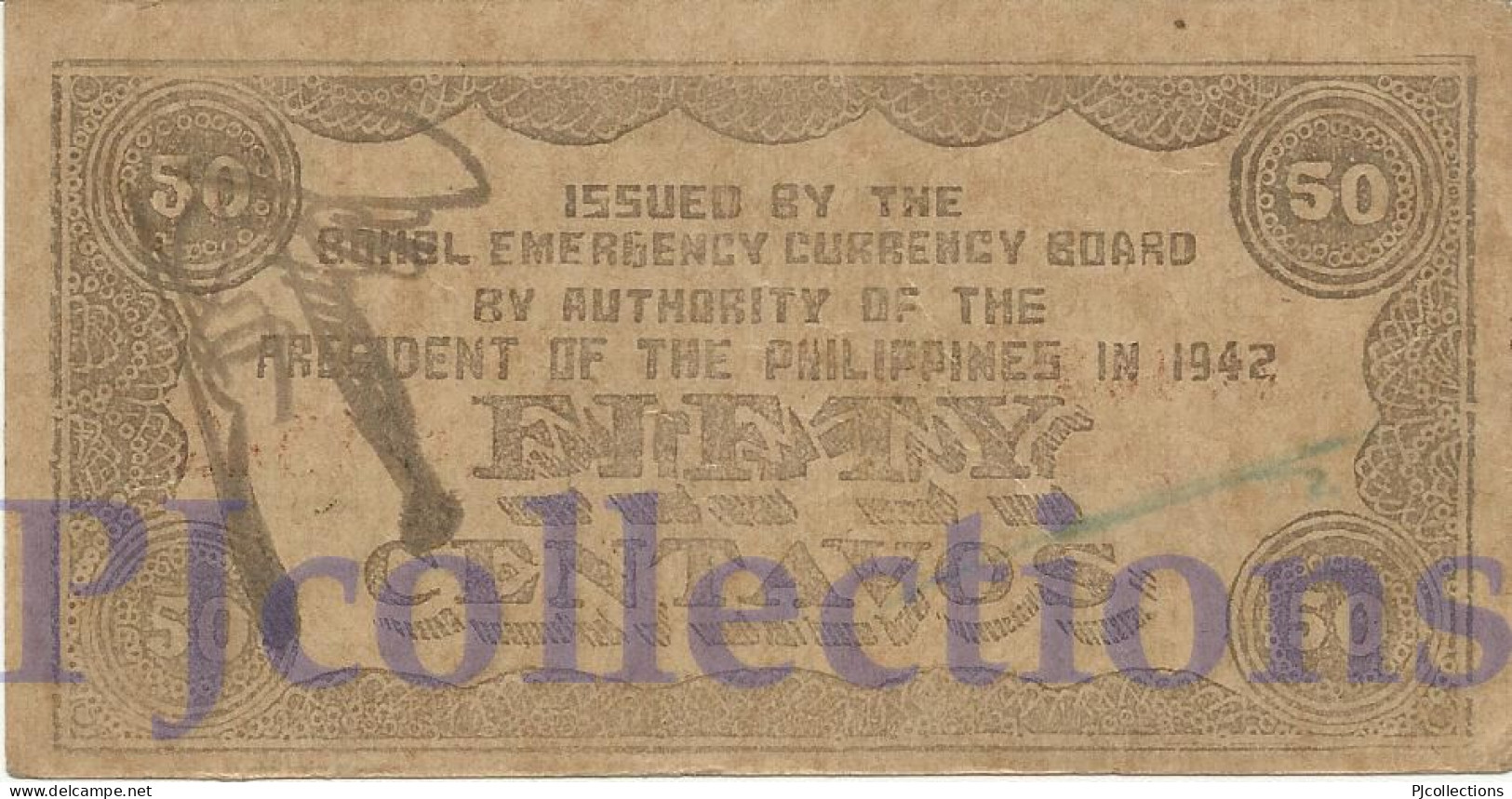 PHILIPPINES 50 CENTAVOS 1942 PICK S134e AU EMERGENCY BANKNOTE - Philippinen