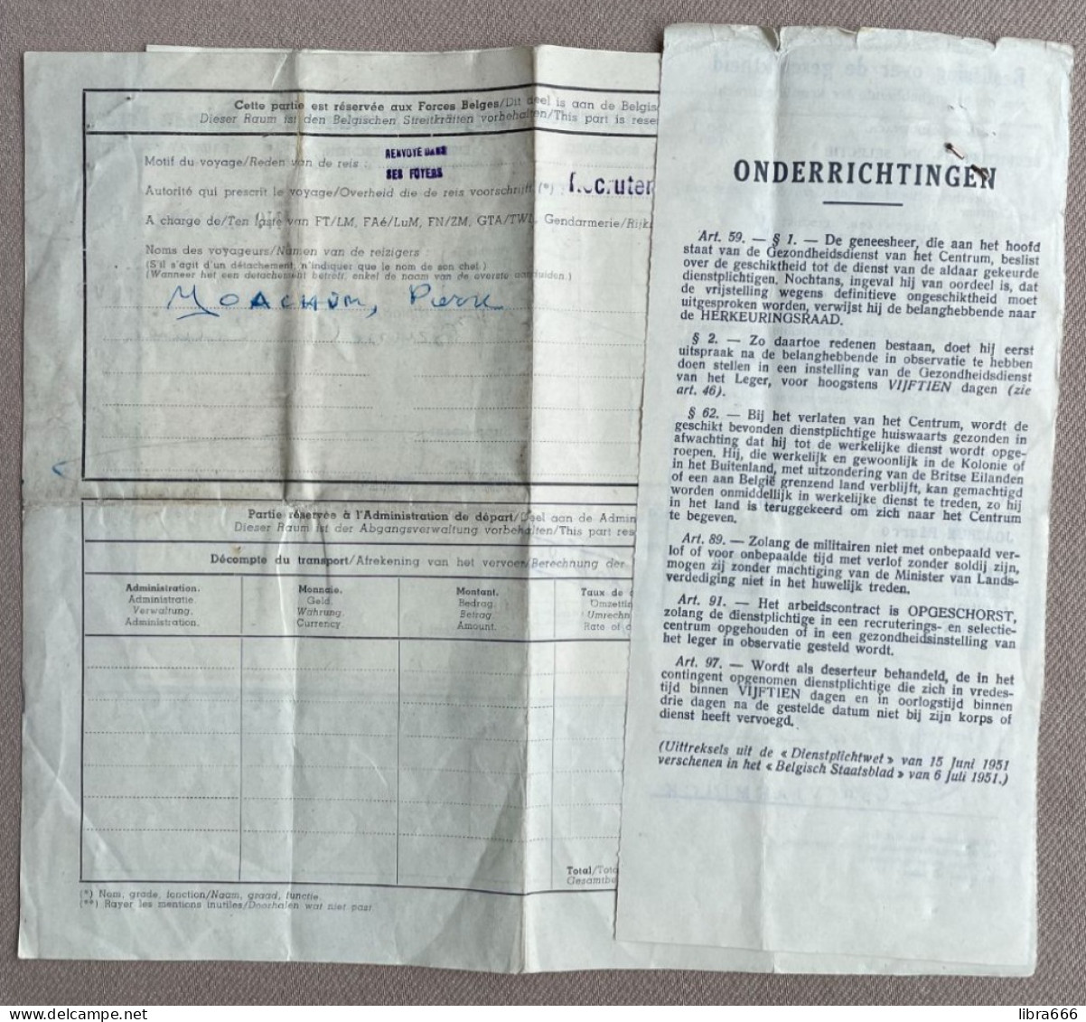 ABL 1958 (3 X) Militair - MARSBEVEL - REISBON VOOR DE SPOORWEG - BESLISSING OVER DE GESCHIKTHEID  Pierre JOACHUM, Leuven - Documents