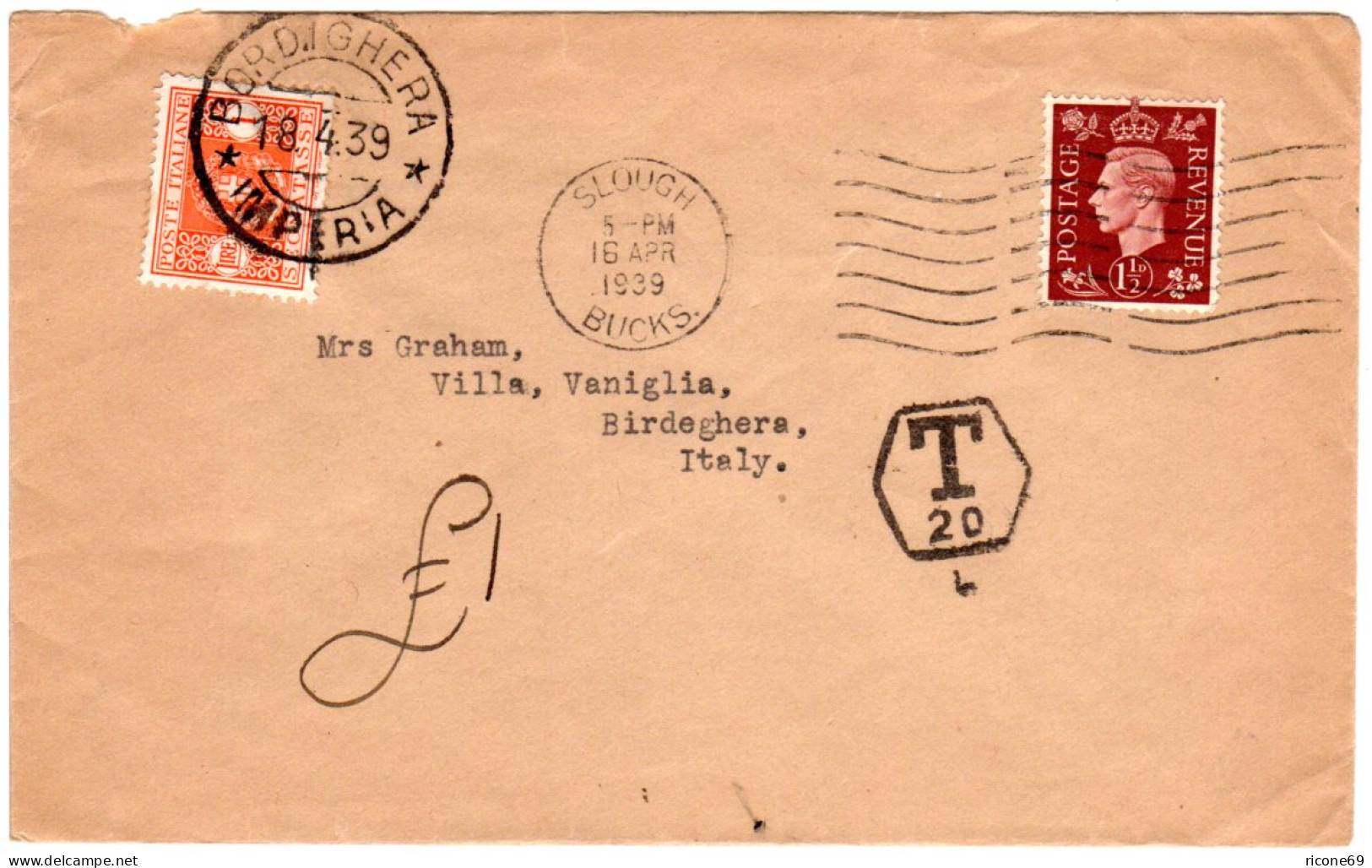 GB 1939, 1 1/2d Auf Brief V. Slough M. T-Stpl. U. Italien 1 L. Portomarke - Other & Unclassified
