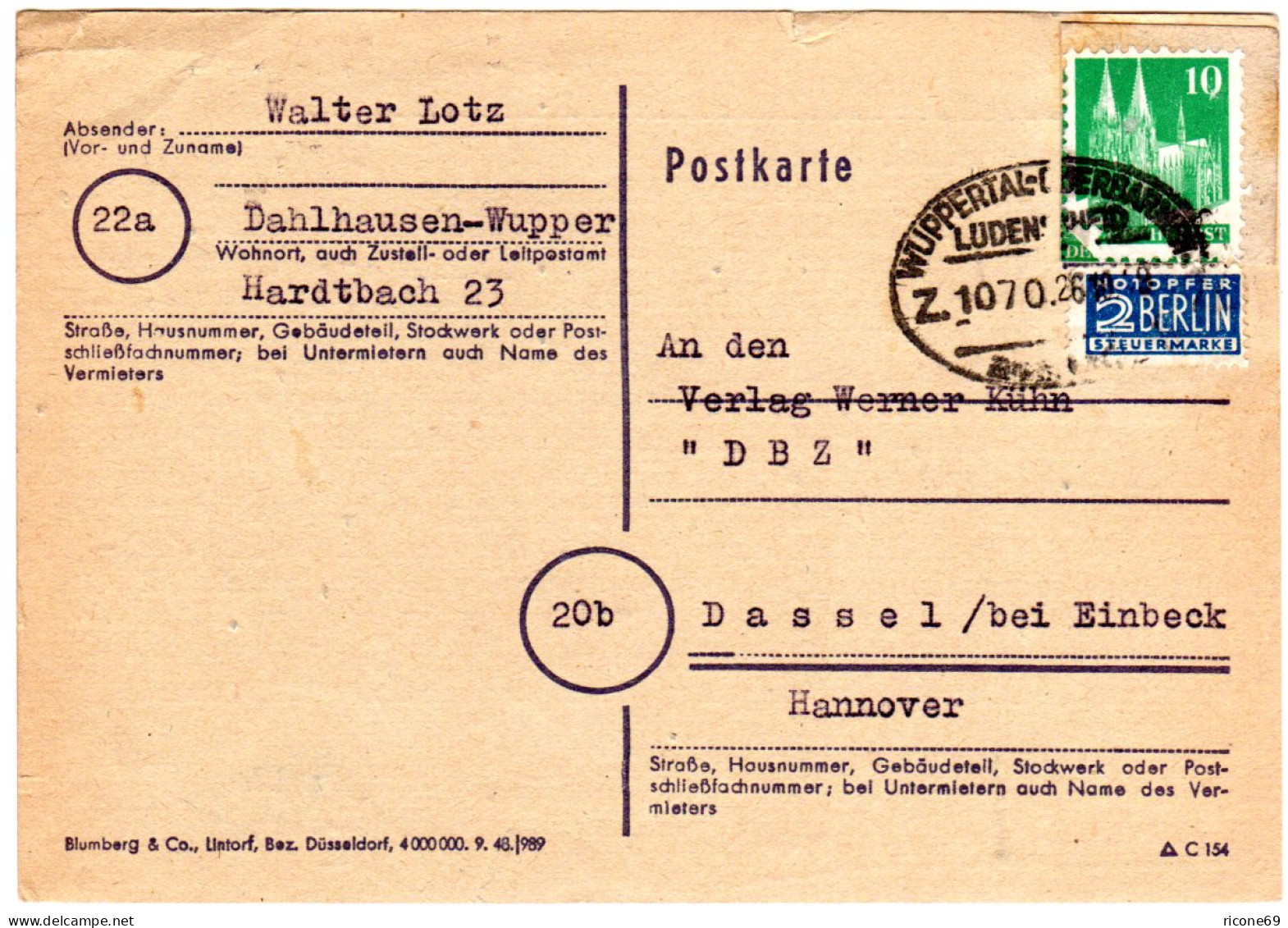 1949, Bahnpoststpl. Wuppertal-Oberhausen Auf Karte M. 10 Pf. V. Dahlhausen - Collections