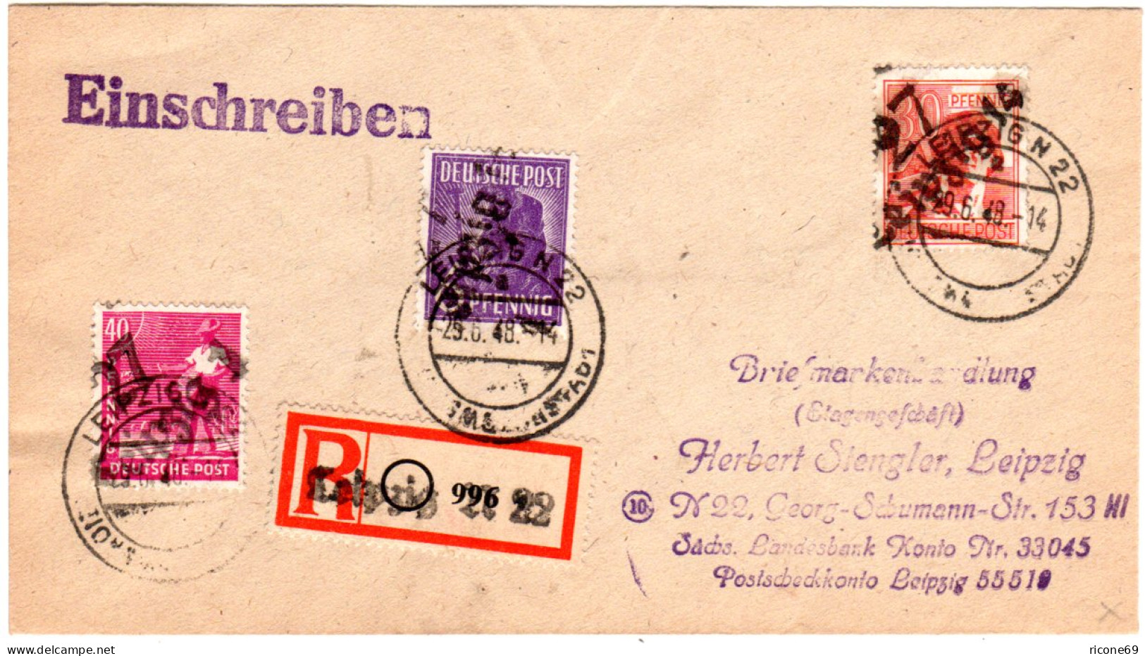 SBZ 1948, 6+30+40 Pf. M. Bezirkshandstpl. Auf Portorichtigem Orts-R-Brief. Gepr. - Cartas & Documentos