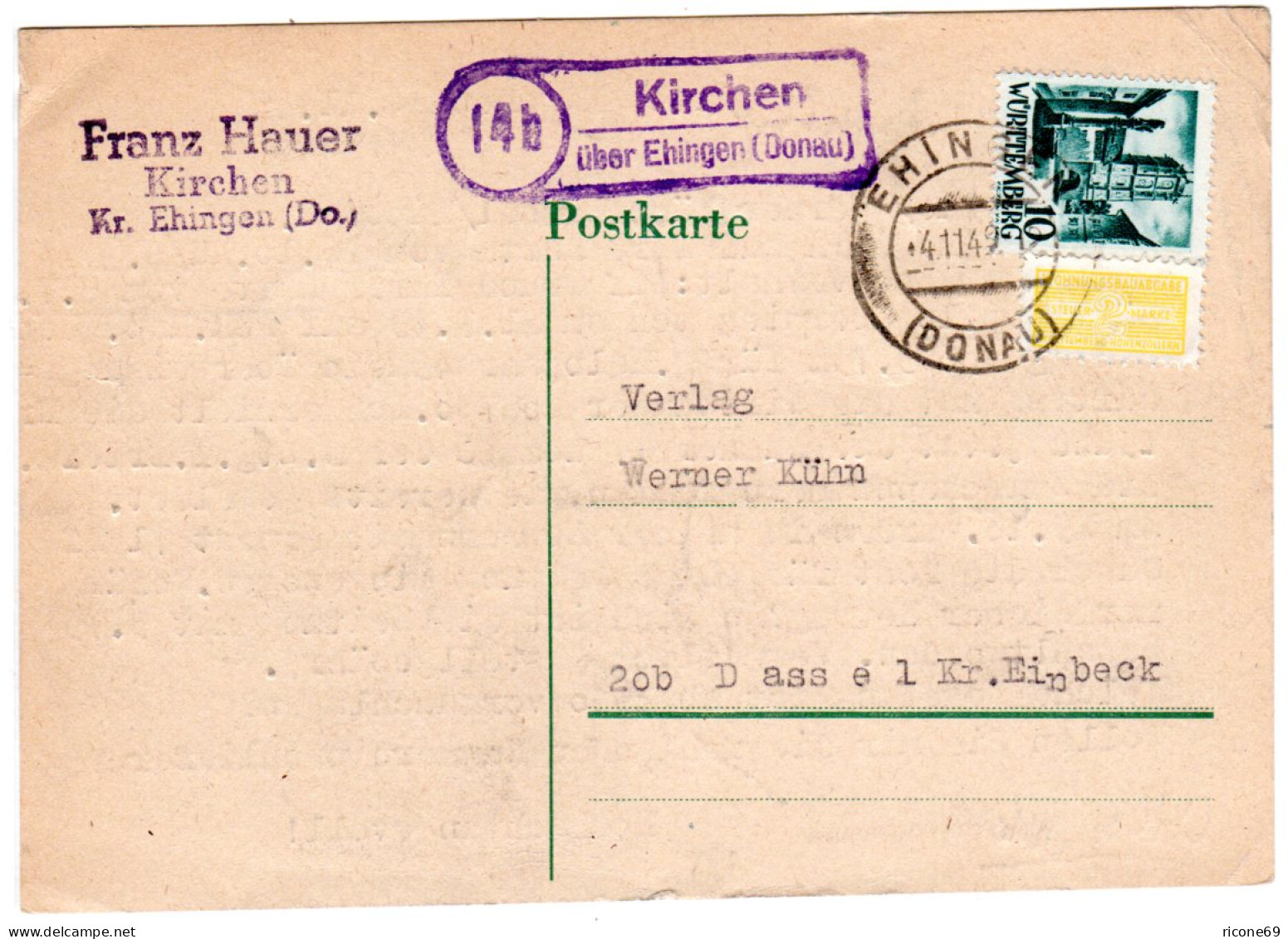 1949, Landpost Stempel 14b Kirchen über Ehingen Auf Karte M. 10 Pf.  - Württemberg