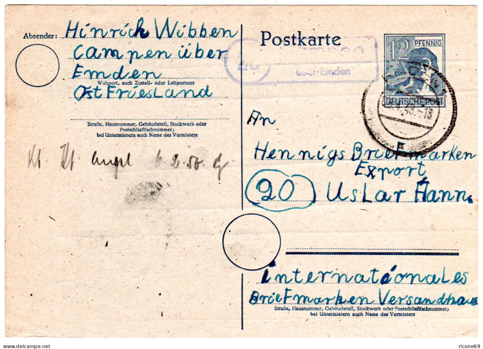 1948, Landpost Stempel CAMPEN über Emden Auf 12 Pf. Ganzsache - Collezioni