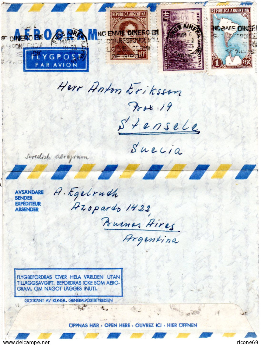 Argentinien 1956, 3 Marken Auf Schweden Aerogramm V. Buenos Aires - Lettres & Documents