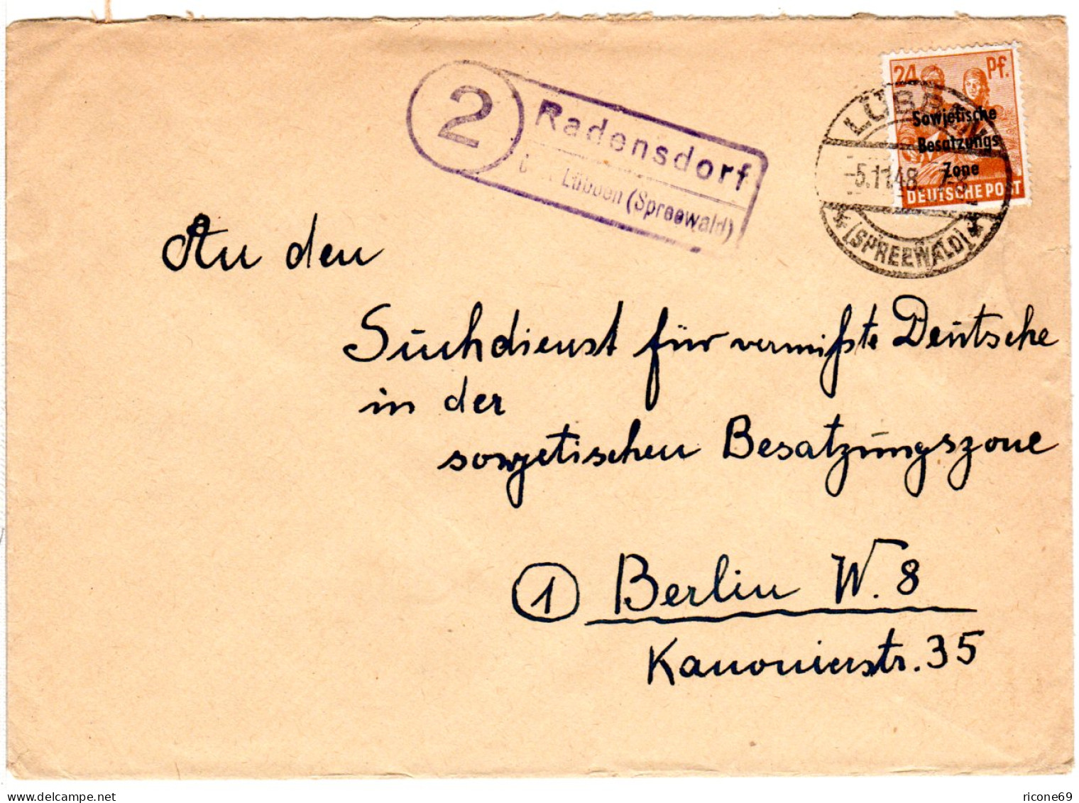 SBZ 1948, Landpost Stpl. 2 RADENSDORF über Lübben Auf Brief M. 24 Pf. - Storia Postale