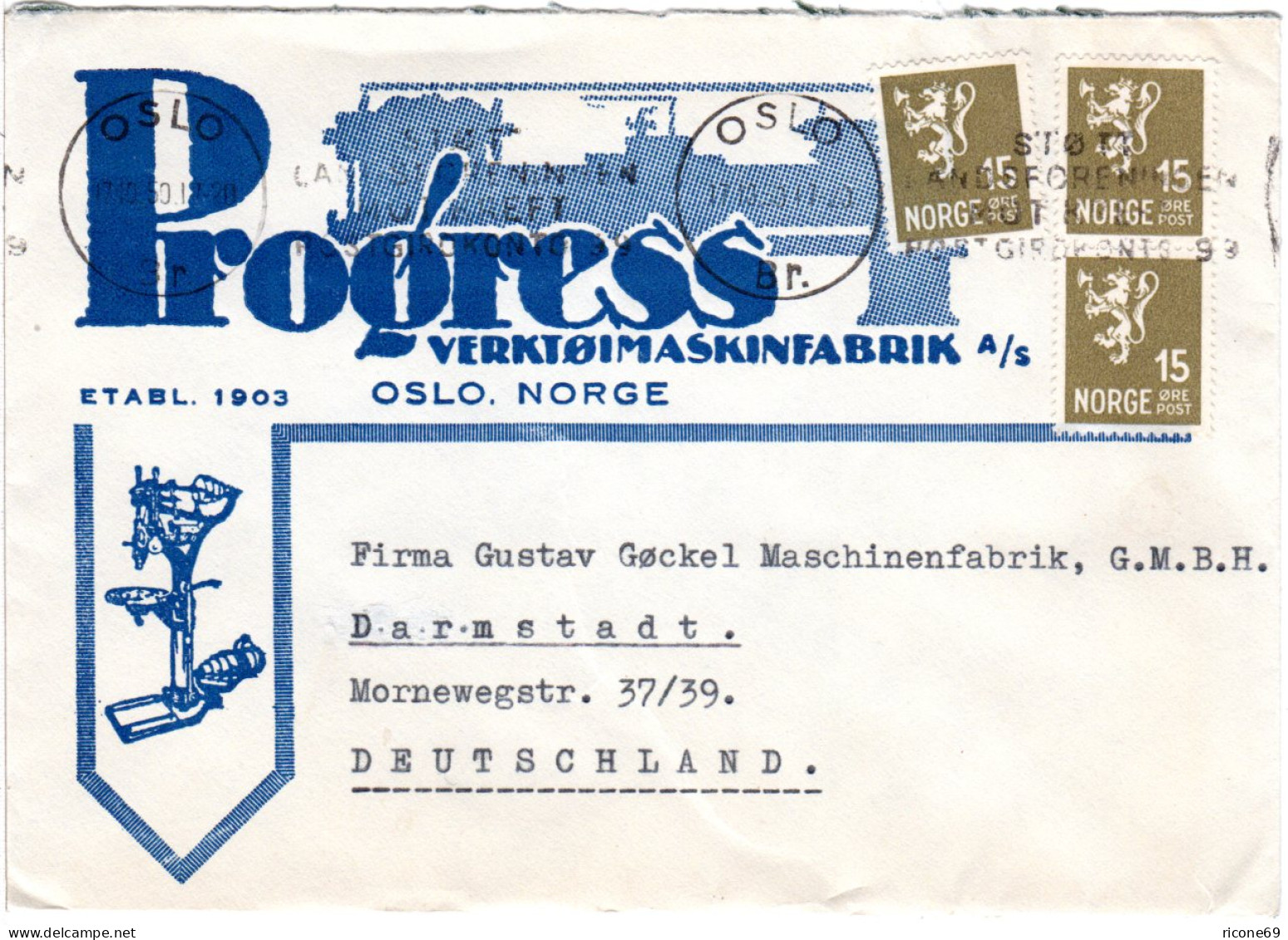 Norwegen 1950, MeF 3x15 öre Auf Firmen Reklame Brief V. Oslo N. Deutschland - Covers & Documents