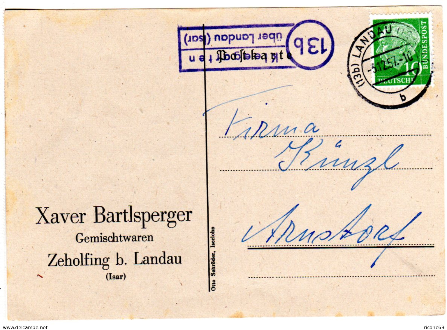 BRD 1957, Landpost Stpl. 13b KLEEGARTEN über Landau Auf Karte M. 10 Pf. - Autres & Non Classés