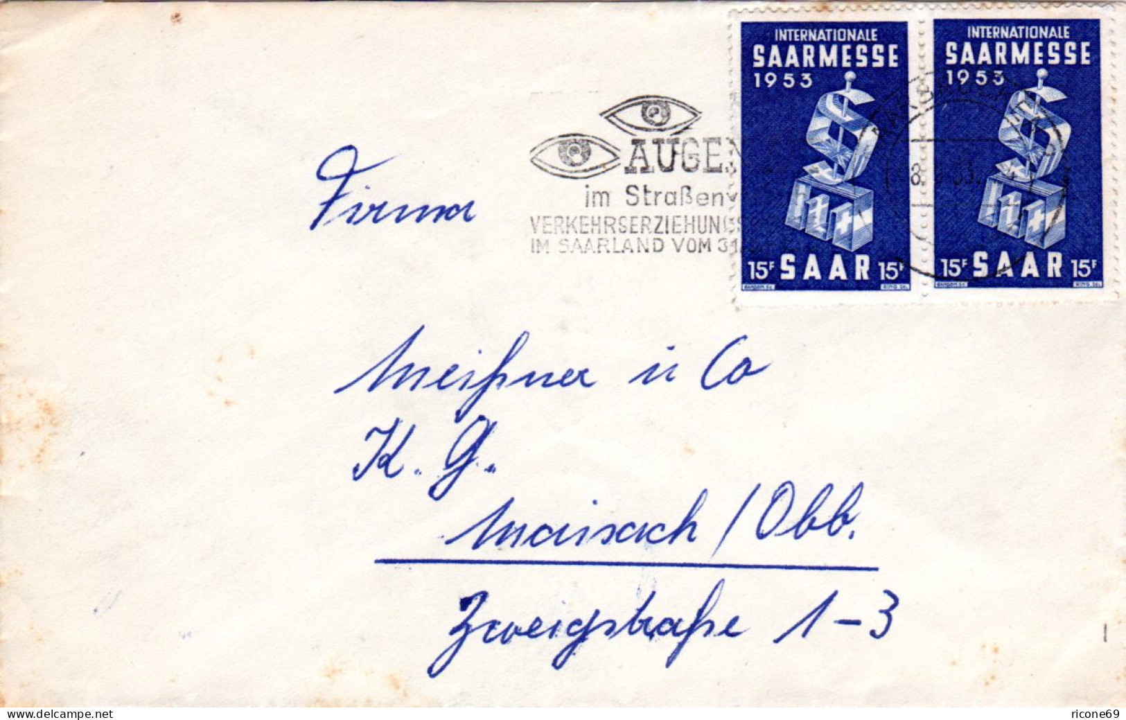 Saar 1953, MeF Paar 15 F. Saarmesse Auf Portorichtigem Brief V. Saarbrücken - Lettres & Documents
