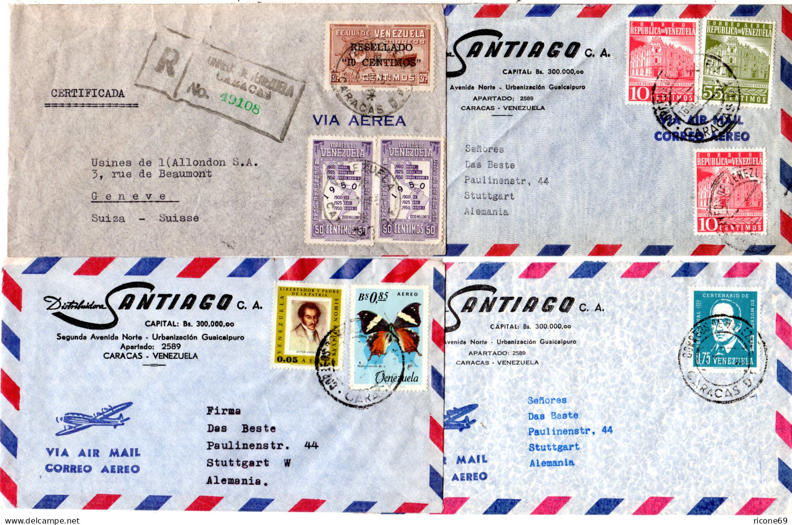 Venezuela 1951/65, 4 Luftpost Briefe N. Europa, Dabei Ein Einschreiben - Venezuela