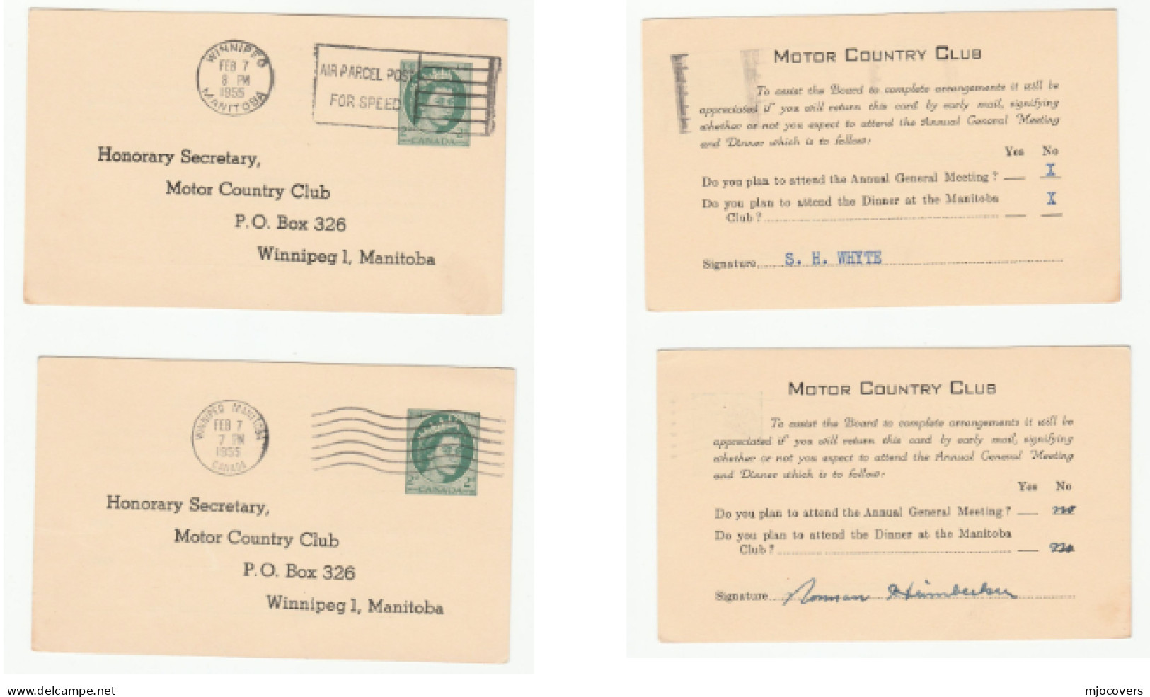 2 X 1955 WINNIPEG MOTOR COUNTRY CLUB  Canada POSTAL STATIONERY CARDS  Cover Car Card - Covers & Documents