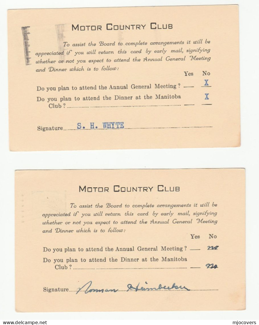 2 X 1955 WINNIPEG MOTOR COUNTRY CLUB  Canada POSTAL STATIONERY CARDS  Cover Car Card - Cartas & Documentos