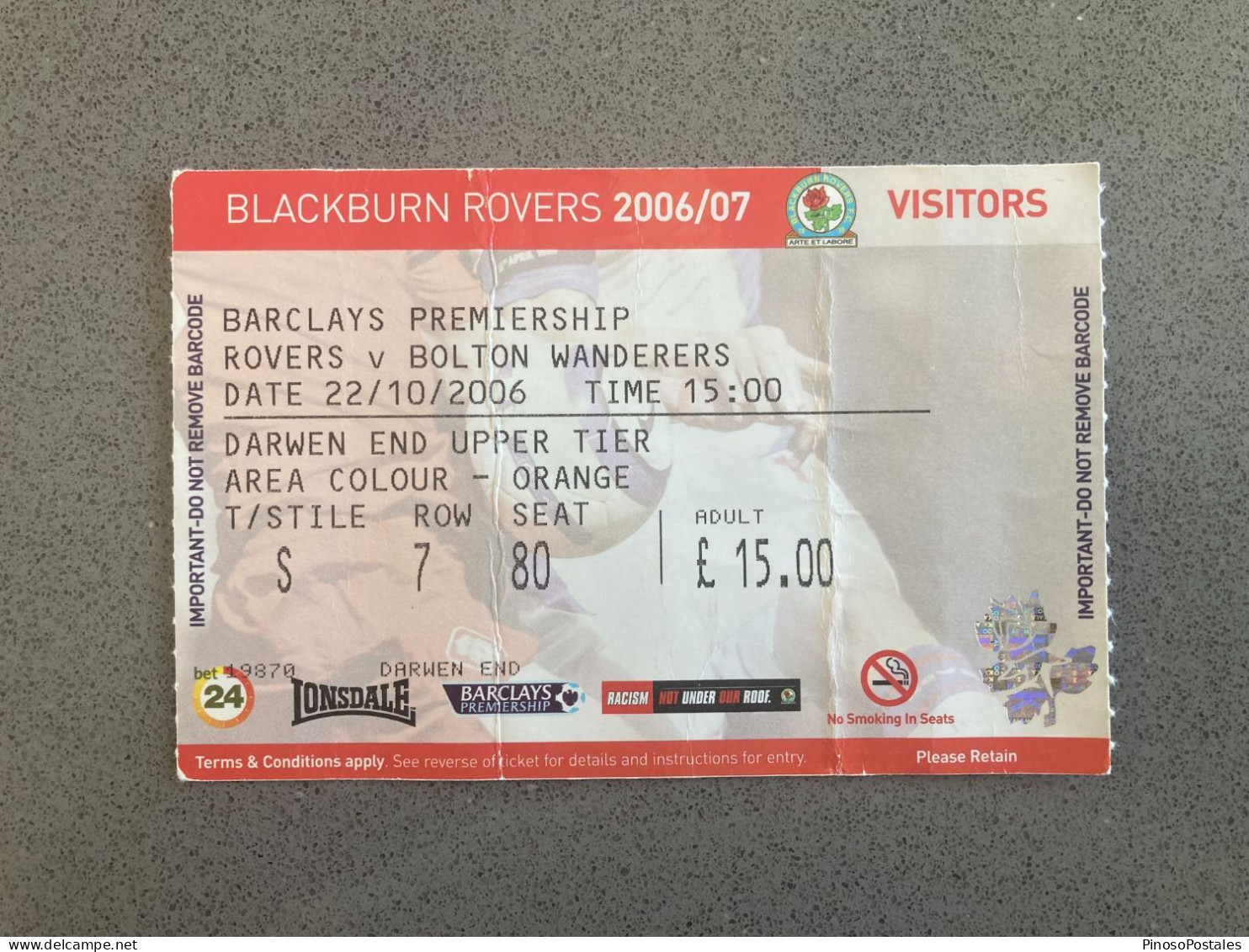 Blackburn Rovers V Bolton Wanderers 2006-07 Match Ticket - Eintrittskarten