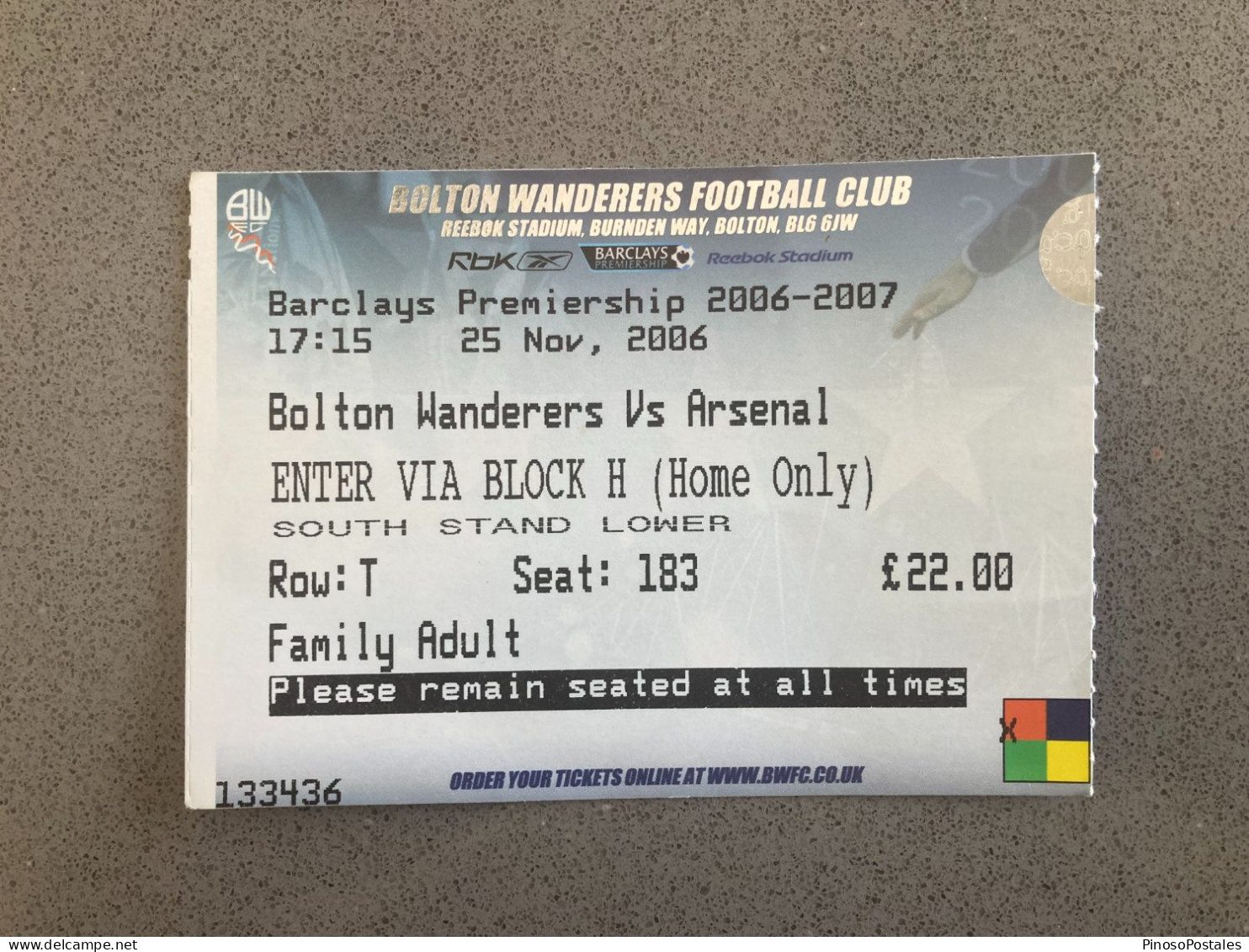 Bolton Wanderers V Arsenal 2006-07 Match Ticket - Eintrittskarten