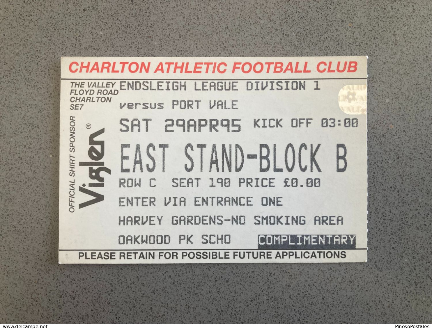 Charlton Athletic V Port Vale 1994-95 Match Ticket - Eintrittskarten