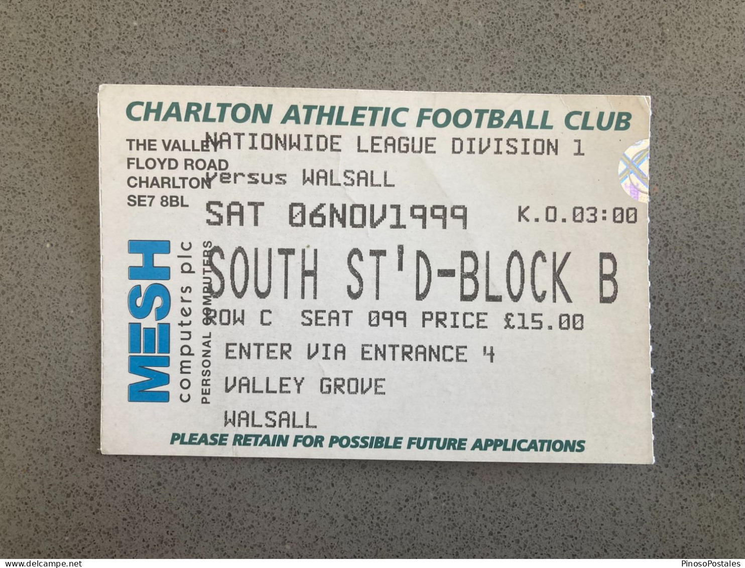 Charlton Athletic V Walsall 1999-00 Match Ticket - Eintrittskarten