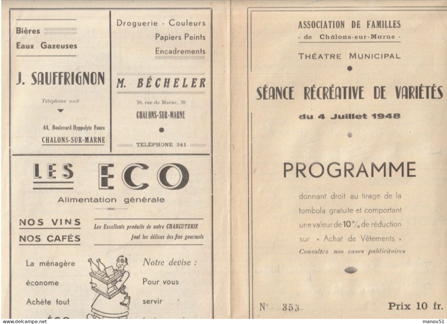 CHALONS Sur MARNE - Théâtre Municipal - Programme Soirée Récréative De Variétés 4 Juillet 1948 - Programmes