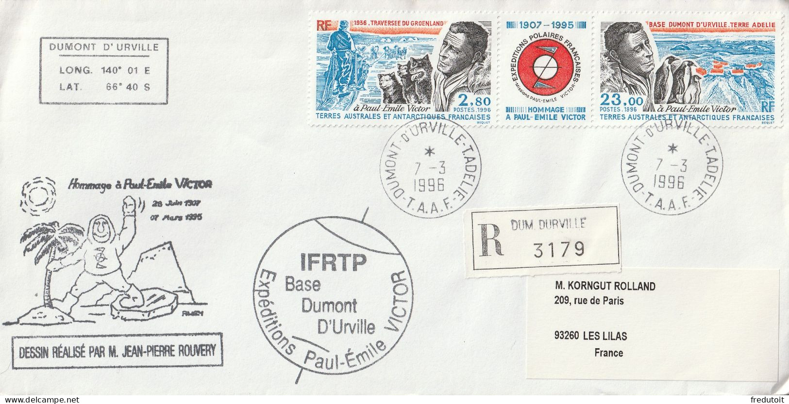 LETTRE - TAAF - IFRTP , Expéditions Paul-Emile Victor Le 07/03/1996 - Brieven En Documenten