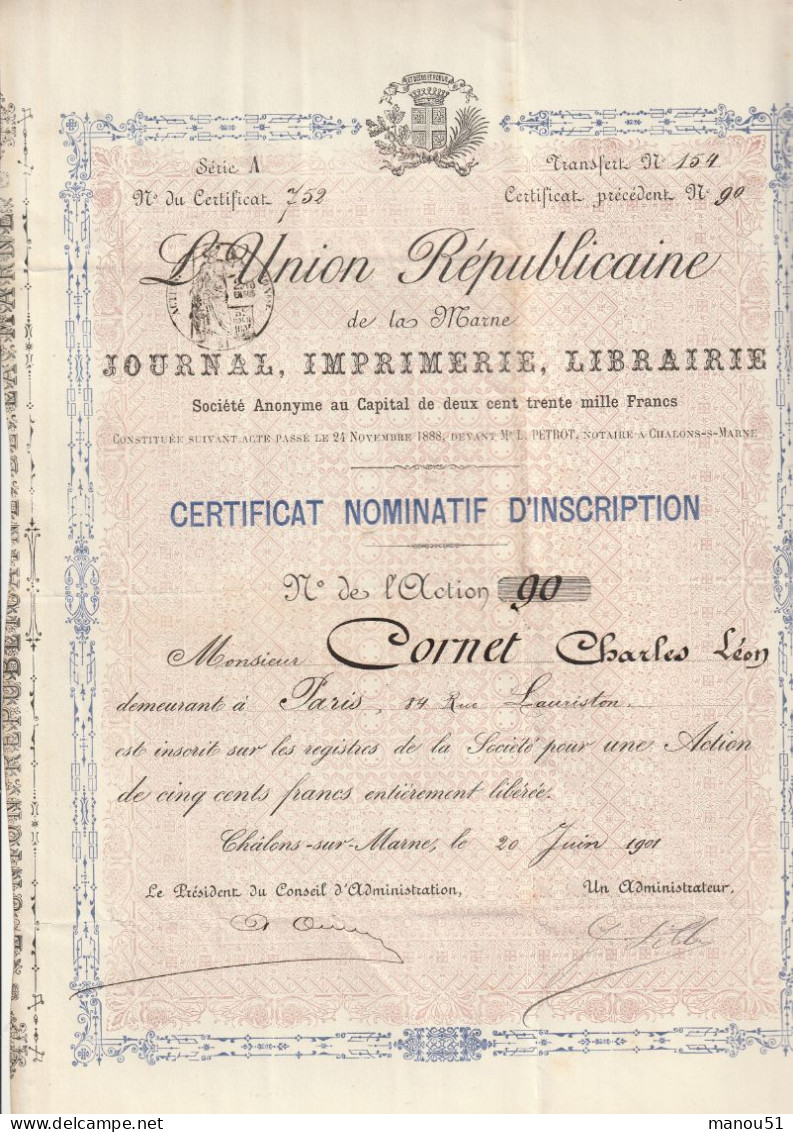 CHALONS Sur MARNE - ACTION De 500 Frs De L'union Républicaine De La Marne + 1 Livret Compte Rendu Assemblée 1.04.1894 - Altri & Non Classificati