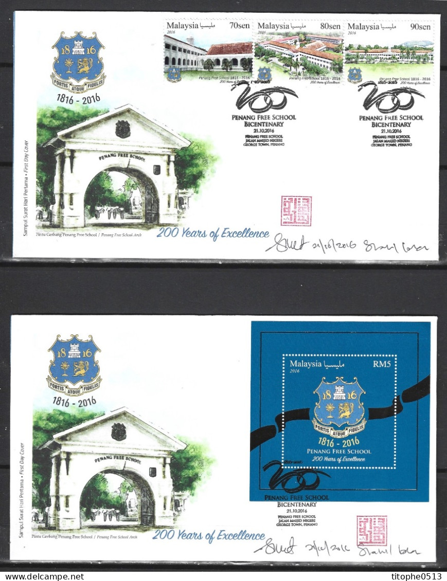 MALAISIE. N°1861-3  + BF 205 De 2016 Sur 2 Enveloppes 1er Jour. Armoiries De L'école Publique De Penang. - Briefe U. Dokumente