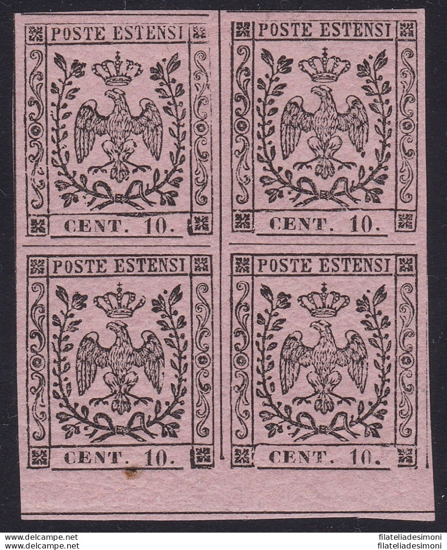 1852 MODENA, N° 9a 10 Cent. Rosa Vivo  **/*  QUARTINA  Firma Bolaffi/A.Diena - Modena