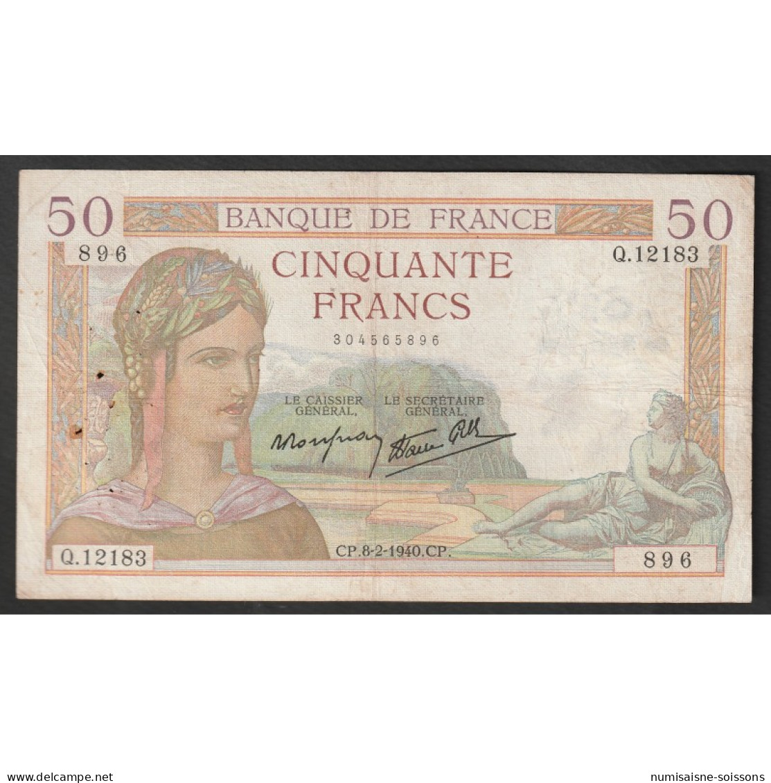 FAY 18/38 - 50 FRANCS CERES - TYPE 1933 - 08/02/1940 - PICK 85 - TB+ - 50 F 1934-1940 ''Cérès''