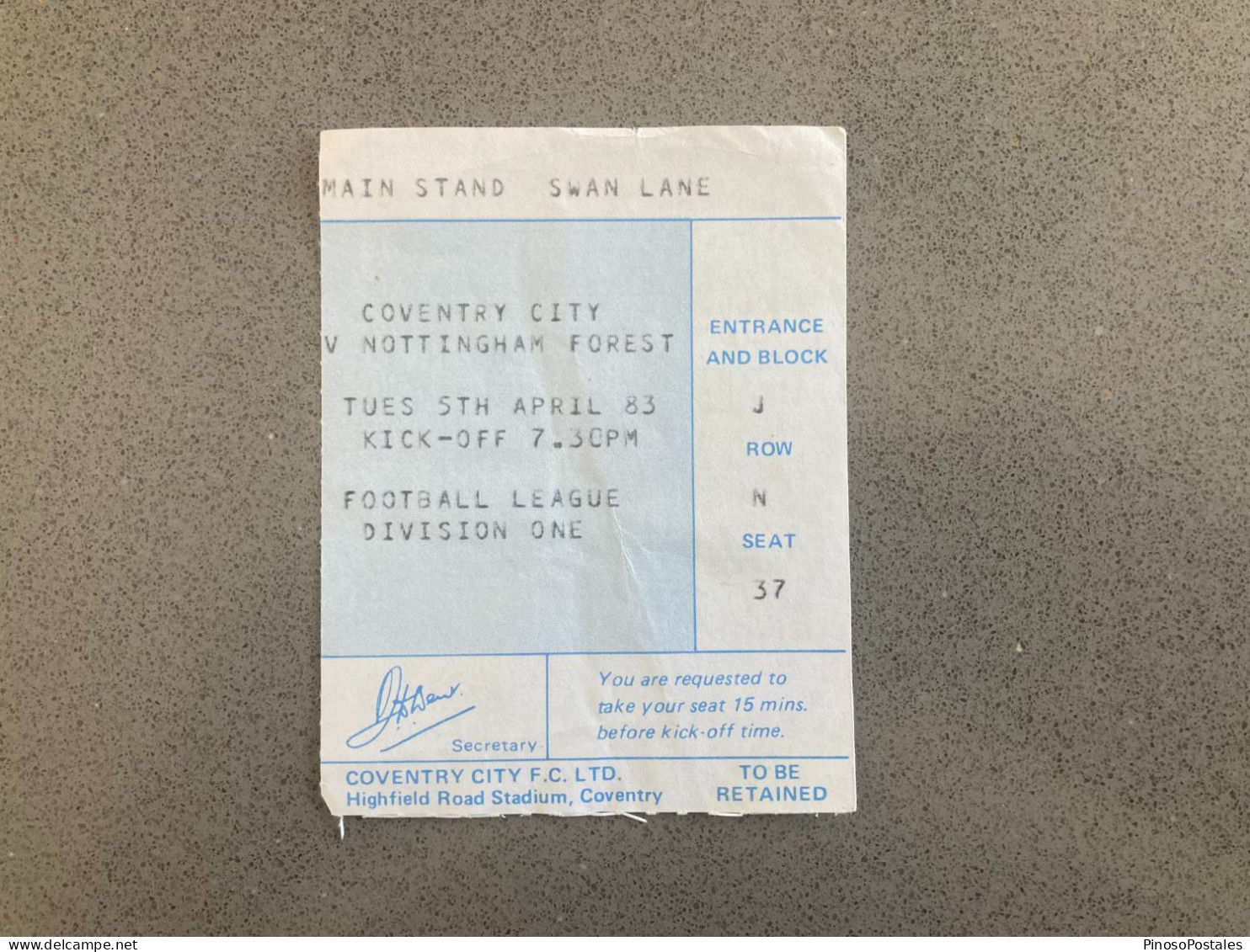 Coventry City V Nottingham Forest 1982-83 Match Ticket - Match Tickets