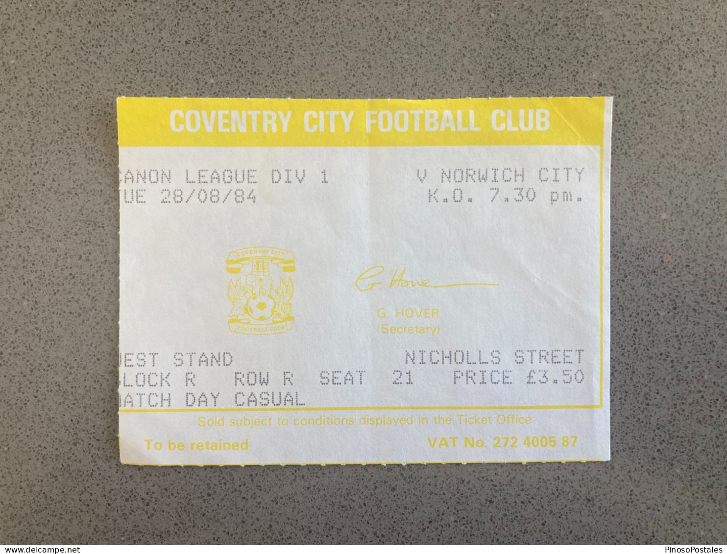 Coventry City V Norwich City 1984-85 Match Ticket - Eintrittskarten