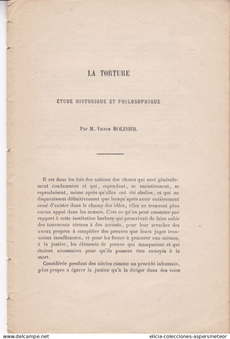 La Torture - Étude Historique Et Philosophique - M. Victor Molinier - 1879 - Signé Par L'auteur - Libros Autografiados