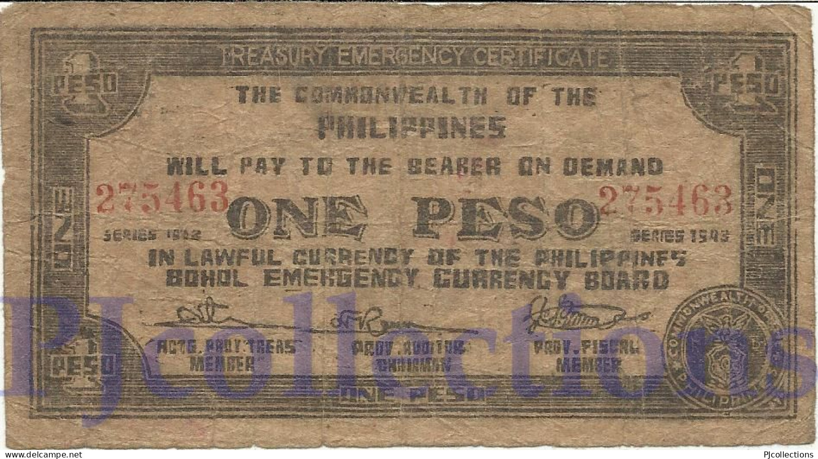 PHILIPPINES 1 PESO 1943 PICK S139b FINE EMERGENCY BANKNOTE - Philippines