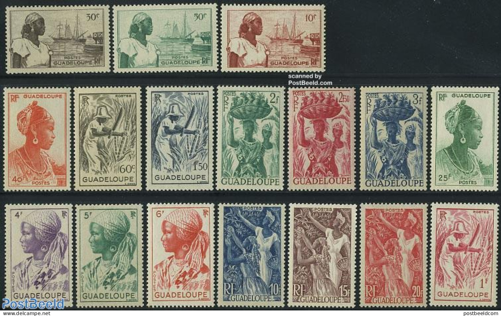 Guadeloupe 1947 Definitives 17v, Mint NH, Nature - Transport - Various - Fruit - Ships And Boats - Costumes - Neufs