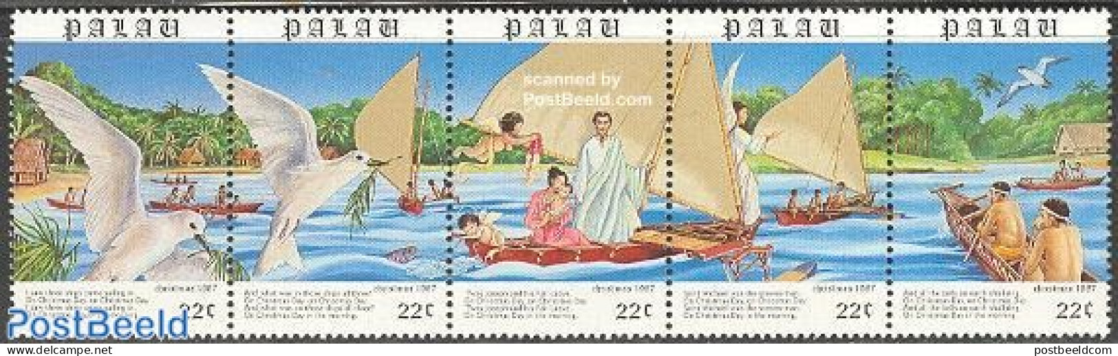 Palau 1987 Christmas 5v [::::], Mint NH, Nature - Religion - Transport - Birds - Christmas - Ships And Boats - Weihnachten