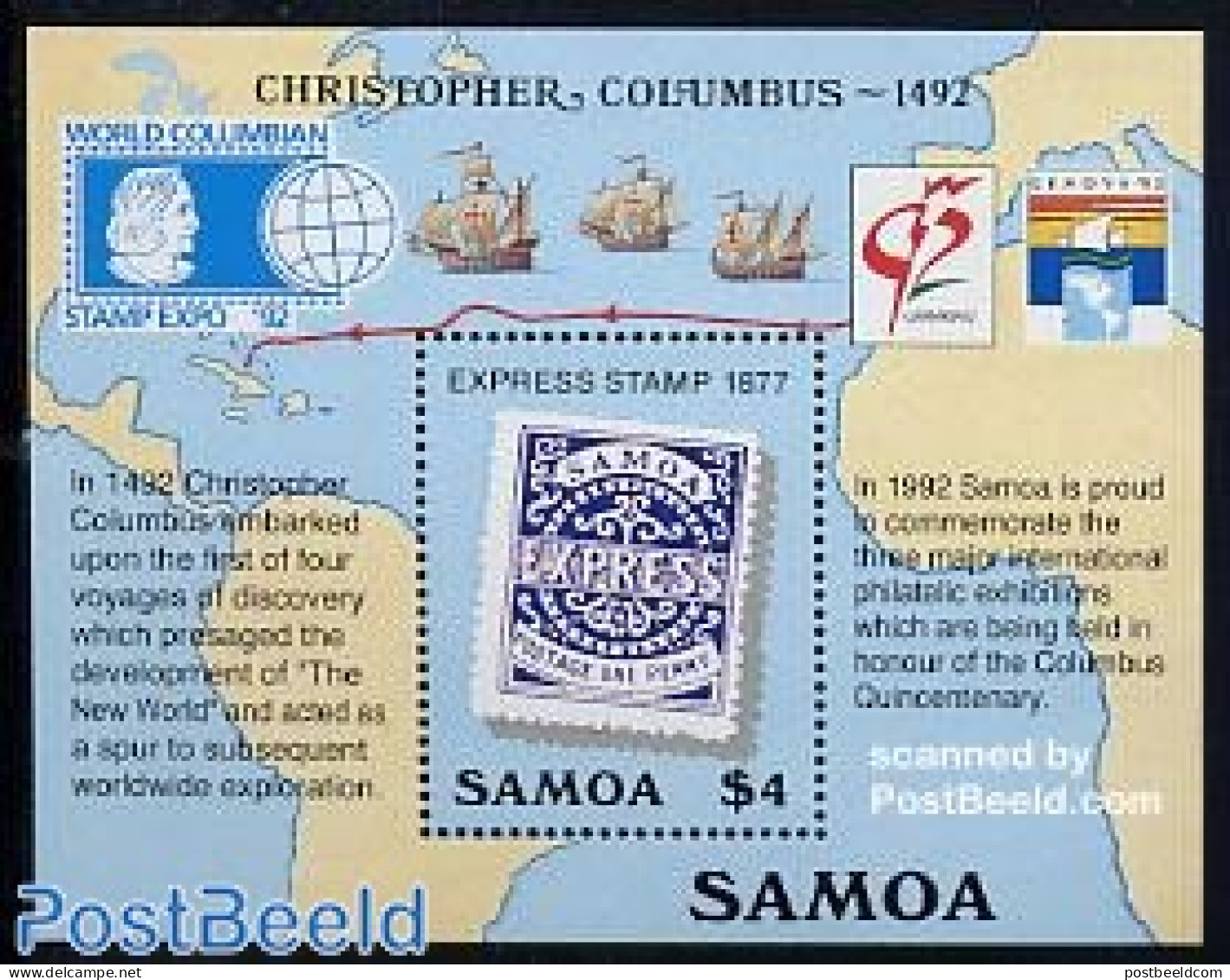 Samoa 1992 Columbus S/s, Mint NH, History - Transport - Explorers - Philately - Stamps On Stamps - Ships And Boats - Explorers