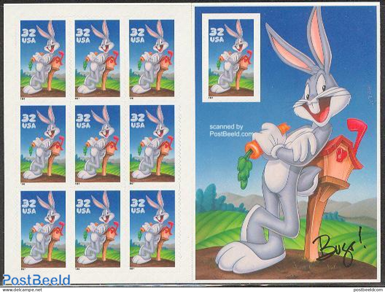 United States Of America 1997 Bugs Bunny S/s, Mint NH, Nature - Rabbits / Hares - Art - Comics (except Disney) - Unused Stamps