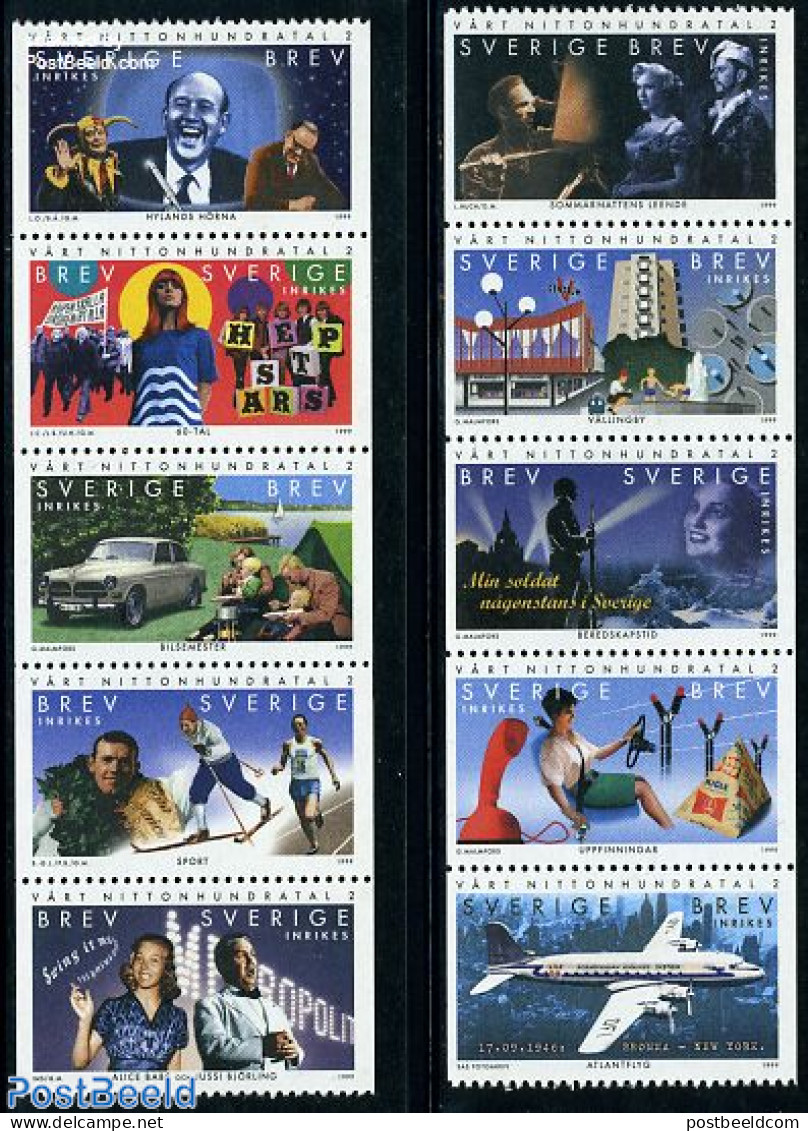 Sweden 1999 20th Century 10v, Mint NH, Performance Art - Sport - Transport - Theatre - Skiing - Automobiles - Aircraft.. - Unused Stamps