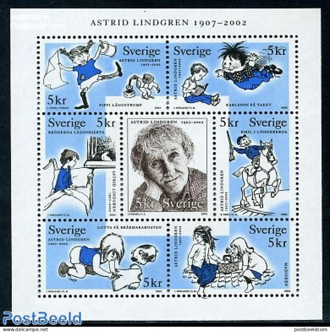 Sweden 2002 Astrid Lindgren 7v M/s, Mint NH, Art - Children's Books Illustrations - Unused Stamps