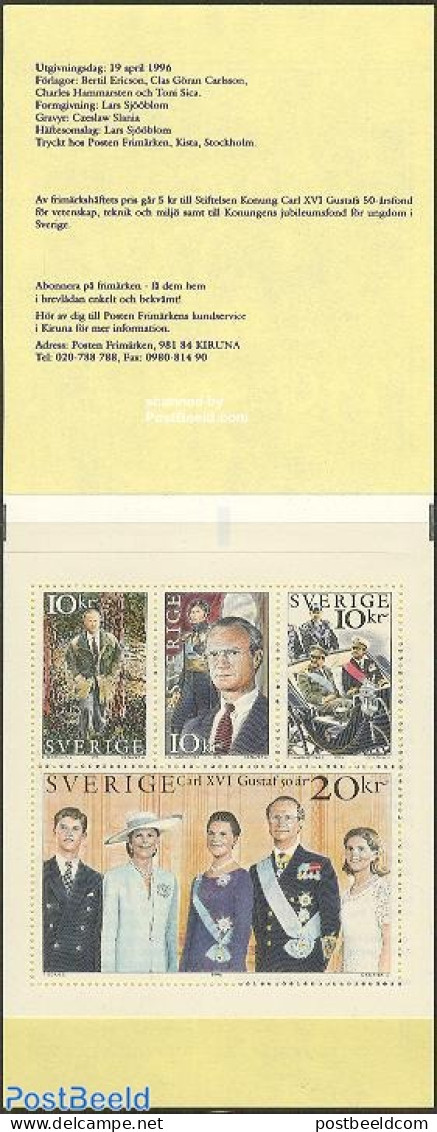 Sweden 1996 King 50th Anniversary 4v In Booklet, Mint NH, History - Kings & Queens (Royalty) - Stamp Booklets - Unused Stamps